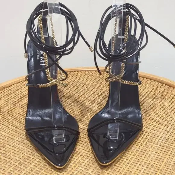 Simmi London Kegz-14 Patent Black Gold Chain Pointed Toe Stilettos Womens Size 7 - Picture 2 of 8